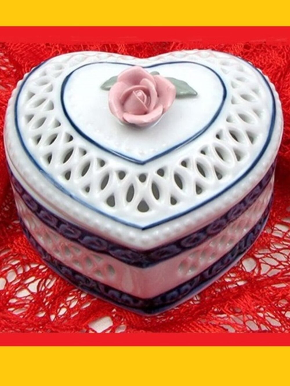 Woven Porcelain Heart Trinket Box with Pink Rose on Top 4" wide by 3" tall 33541